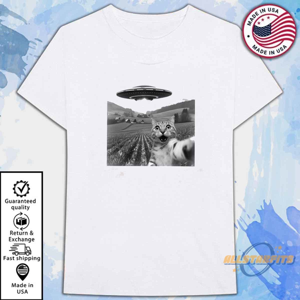 Funny Cat Selfie With Ufos Shirt Alien And Cat Lover Meme Tee