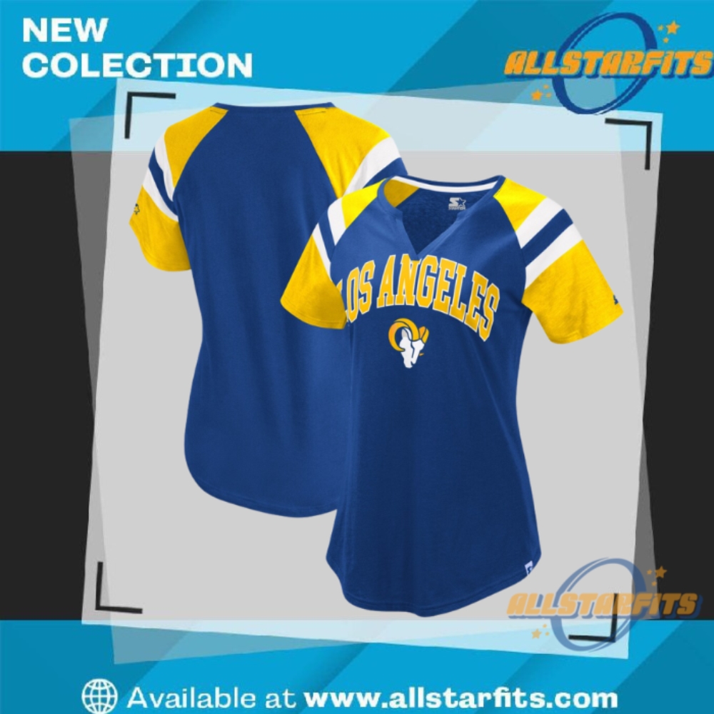 "Top 2024 Soccer Jerseys: Liverpool, Napoli, Barcelona, Man City, South Korea" 35 Starter Royal Los Angeles Rams Game On Notch Neck Raglan T Shirt