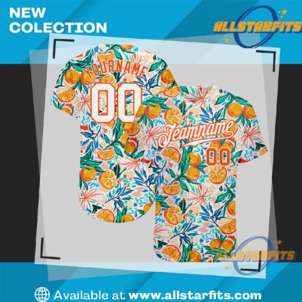 "Custom 3D Design Apparel: Flamingo, Galactic, and Tropical Baseball Jerseys" 5 White Orange Design Fruit Authentic Baseball Jersey