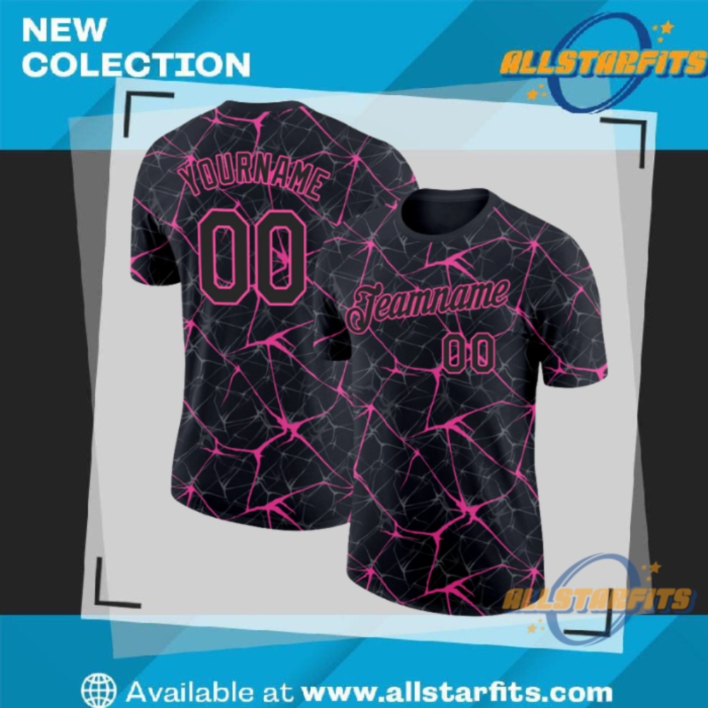 "Custom 3D Design Apparel: Flamingo, Galactic, and Tropical Baseball Jerseys" 13 Custom Black Pink 3D Pattern Design Abstract Network Performance T Shirt