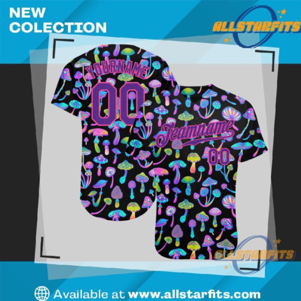 "Custom 3D Design Apparel: Flamingo, Galactic, and Tropical Baseball Jerseys" 15 Custom 3D Pattern Design Magic Mushrooms Psychedelic Hallucination Authentic Baseball Jersey