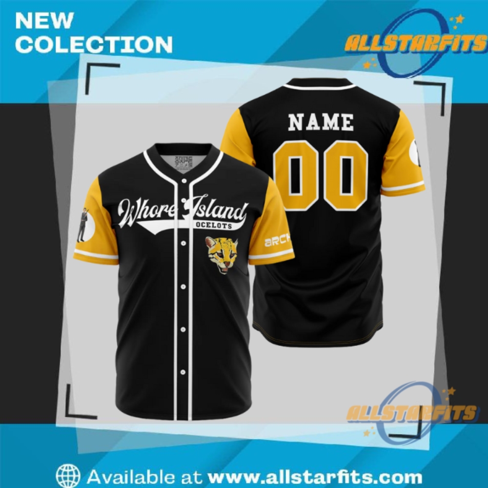 "Shop Iconic Soccer Jerseys: England, Panathinaikos, Manchester United, Hull City" 27 Whore Island Ocelots Archer V2 Baseball Jersey